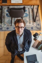 Canvas Print - Top-down perspective of a young executive in an office.