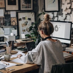Poster - Woman organizing her workspace with digital tools.