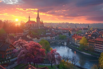 Sunrise over a charming European city with a river, bridge and church.