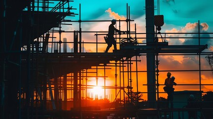 Wall Mural - Construction workers silhouetted against a vibrant sunset on a scaffolding platform.