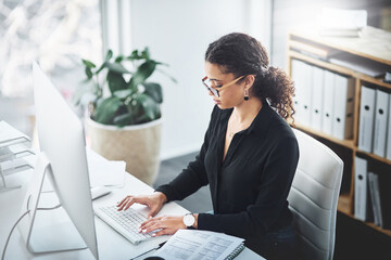 Poster - Computer, financial advisor and woman in office for research planning, accounting or profit growth. Business, spreadsheet or consultant with technology for investment, trading or finance advice