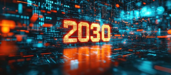 Poster - 3D Rendering of 2030 Text with Technological Failure Effects and Glitch Interference