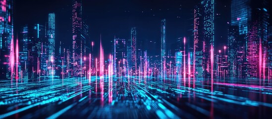 Poster - A vibrant digital cityscape glowing with neon lights showcasing streams of binary code and cutting edge technology in a virtual landscape