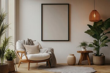 Sticker - cozy scandinavian living room with oversized armchair minimalist black poster frame wooden accents soft lighting muted colors hygge atmosphere