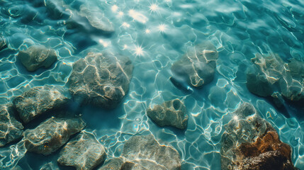 shimmering sun glares on shallow aqua sea water, top view, see rocks through