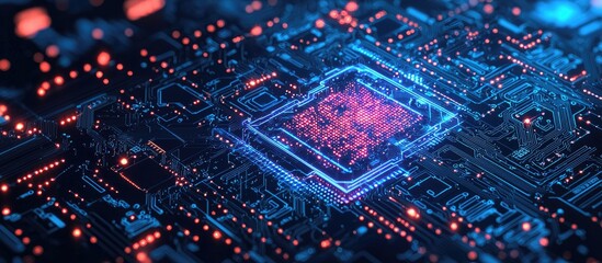 Poster - Abstract AI computing chipset on circuit board concept showcasing data processing in artificial intelligence and futuristic digital elements against a dark blue background