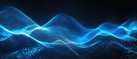 Poster - Abstract glowing blue wave background with curved lines representing sound frequencies and technology