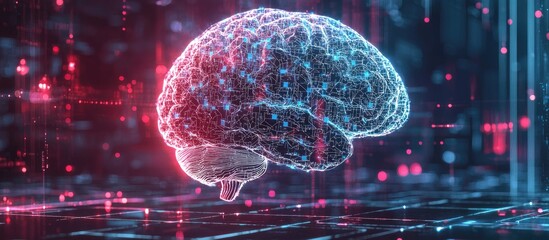 Poster - Advanced Digital Brain Hologram with AI and Deep Learning Innovative Business Technology and Internet Network Concept 3D Illustration
