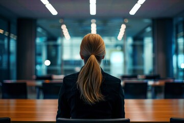 Poster - Business girl from behind at a meeting table.