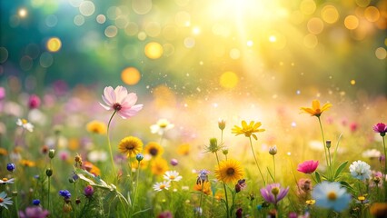 Canvas Print - A Symphony of Sun-Kissed Petals: A Vibrant Flower Meadow Bathed in Golden Light  AI Generated