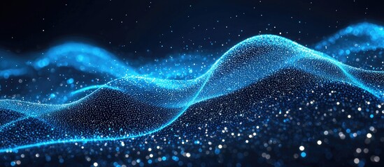 Poster - Abstract Blue Wave Technology Background with Digital Particle Flow and Grunge Texture for Data Visualization