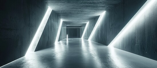 Poster - Abstract Futuristic Interior with Illuminated Sci Fi Corridor and Modern Cement Floor and Wall Design Ideal for Product Display and Showcase 3D Rendered Environment Concept