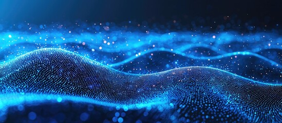 Poster - Abstract Blue Wave Technology Background with Digital Particle Flow and Grunge Texture for Data Visualization