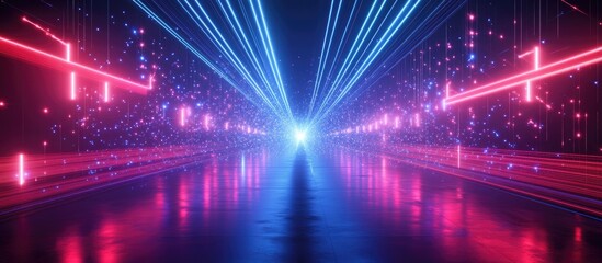Poster - Abstract Technology Background Nightlife Atmosphere with Disco Lights and Music Concert Light Show Glowing Geometric Laser Loops with Reflections for Event Celebrations