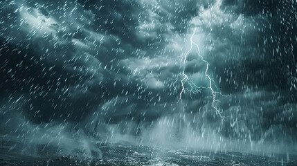 Rainstorm weather, strong storm accompanied by lightning and thunder, dark clouds in the sky, rain poured down
