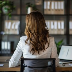 Poster - Businesswoman seen from behind at a desk.