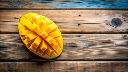 Poster - A Close-Up of a Perfectly Ripe Mango Slice on a Weathered Wooden Table  Generative AI