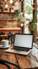 Wall Mural - Cozy cafe workspace with laptop and coffee: rustic wooden table, warm lighting, and lush greenery create an inviting atmosphere for remote work or study.