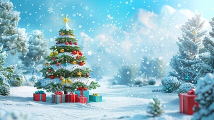 Poster - 3D vector illustration of a vibrant holiday Christmas tree with presents