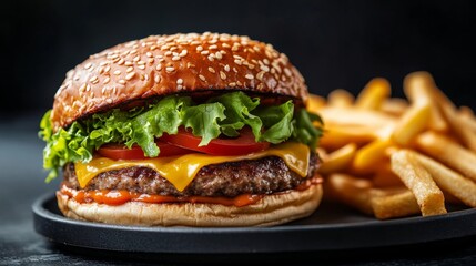 Wall Mural - A gourmet burger features a juicy beef patty topped with melted cheese, crisp lettuce, and fresh tomato slices, served with a side of golden fries