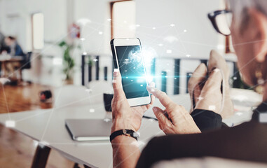 Poster - Office, woman and hologram on smartphone with global networking, communication and connection. Business person, interior designer and texting on message or social media and news for career growth