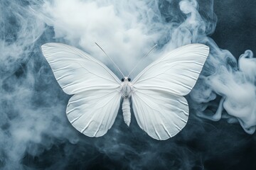 Aufkleber - Magical creature concept with glowing butterfly on a dark background filled with warm and cold smoke.