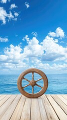 A ship’s wheel rests on the deck, surrounded by tranquil waters, while fluffy clouds drift lazily across a clear blue sky