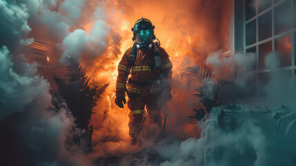 Wall Mural - Full-length fireman against the background of a fire, fire in a house