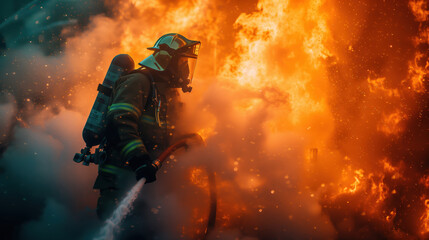 Wall Mural - A firefighter works and extinguishes a fire with water from a fire hose