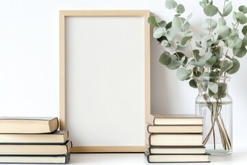 Poster - Mockup of a white wooden frame with green eucalyptus branches in a glass bottle and a stack of books on the table. Design for poster product. Stock female photography that looks styled. Product