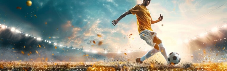 Wall Mural - Soccer player kicking ball in a stadium, captured mid-action with dramatic lighting and sunset sky. With copy space for text. Wide web banner