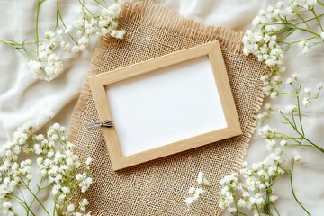 Poster - Framed with white mock-up card, white flowers surround the wooden frame