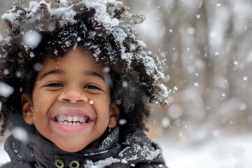 Poster - Delightful smile of an Afro-Latino child playing in the snow.