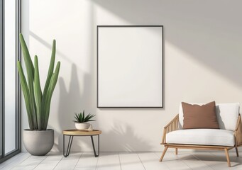 Poster - Poster mockup with two metal vertical frames on the wall in a scandinavian living room. 3D rendering.