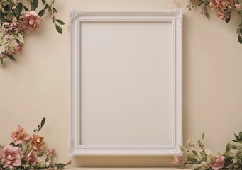 Poster - The interior mockup features a wicker chair, plaid and plant in a vase against a blank wall background. The image is rendered in 3D.