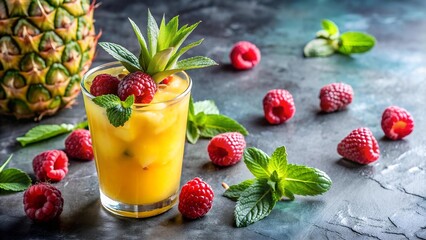 Poster - A Splash of Tropical Paradise: A Vibrant Pineapple Mocktail with Raspberry and Mint Accents  Generative AI