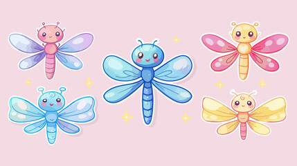 dragon fly icon chibi style, cute animal themed sticker collection for children's story books