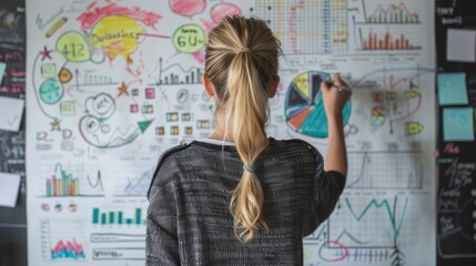 Fototapete - In this clip, a businesswoman sketches an infographic diagram for presentation purposes on a whiteboard in the office, shot with a selective focus.