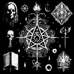 occult symbols composition in dotwork style. abstract mystic elements, skull, leaves and sacred star