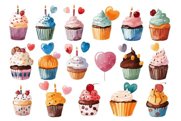 A delightful array of watercolor cupcakes decorated with vibrant icings, candies, and festive balloons.
 Colorful Collection of Festive Cupcakes Watercolor
