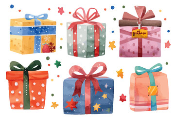 Poster - Watercolor illustration featuring an assortment of colorful gift boxes tied with decorative ribbons, surrounded by festive confetti. Colorful Watercolor Gift Boxes with Festive Ribbons


