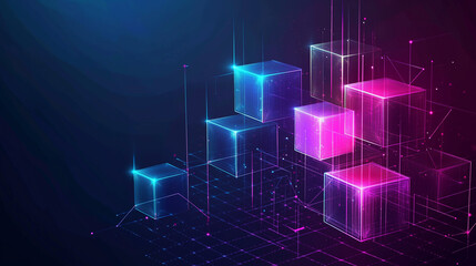 Fototapete - Abstract digital blocks on a technology background with holographic cubes and glowing lines in blue, purple, and pink colors on a dark black backdrop. This high-quality vector illustration showcases a