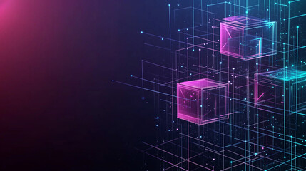 Fototapete - Abstract digital blocks on a technology background with holographic cubes and glowing lines in blue, purple, and pink colors on a dark black backdrop. This high-quality vector illustration showcases a