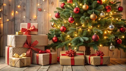 Poster - A Festive Feast of Wrapped Gifts Under the Christmas Tree  Generative AI