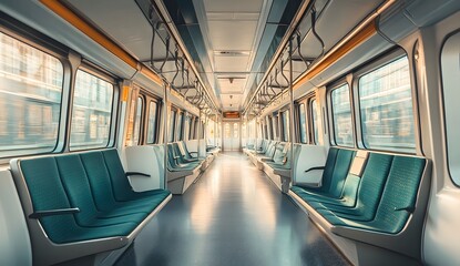 interior of modern train, stock photo, soft light, sharp focus.