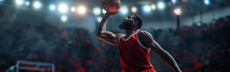 Wall Mural - Focused black basketball player in red jersey going for a powerful dunk during an intense game under bright stadium lights. Wide web banner