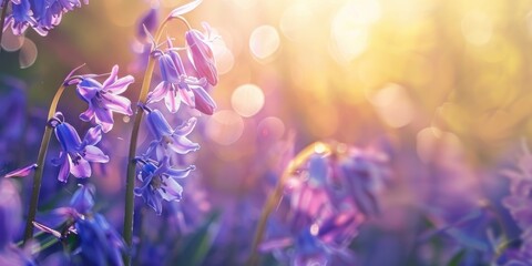 Wall Mural - close up of beautiful bluebell flowers in spring sunlight with a shallow depth of focus