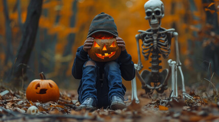 Wall Mural - A child is holding a pumpkin while a skeleton is standing behind him