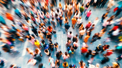 Aerial view of bustling crowd in motion, blurred figures creating a vibrant, dynamic pattern of colors and movement on a light-colored surface.