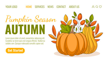 Wall Mural - Autumn landing page vector template. Fall elements for seasonal holidays, thanksgiving day or halloween. Pumpkin, leaves and rosehip. Illustration for website, web, online, banner. Isolated background